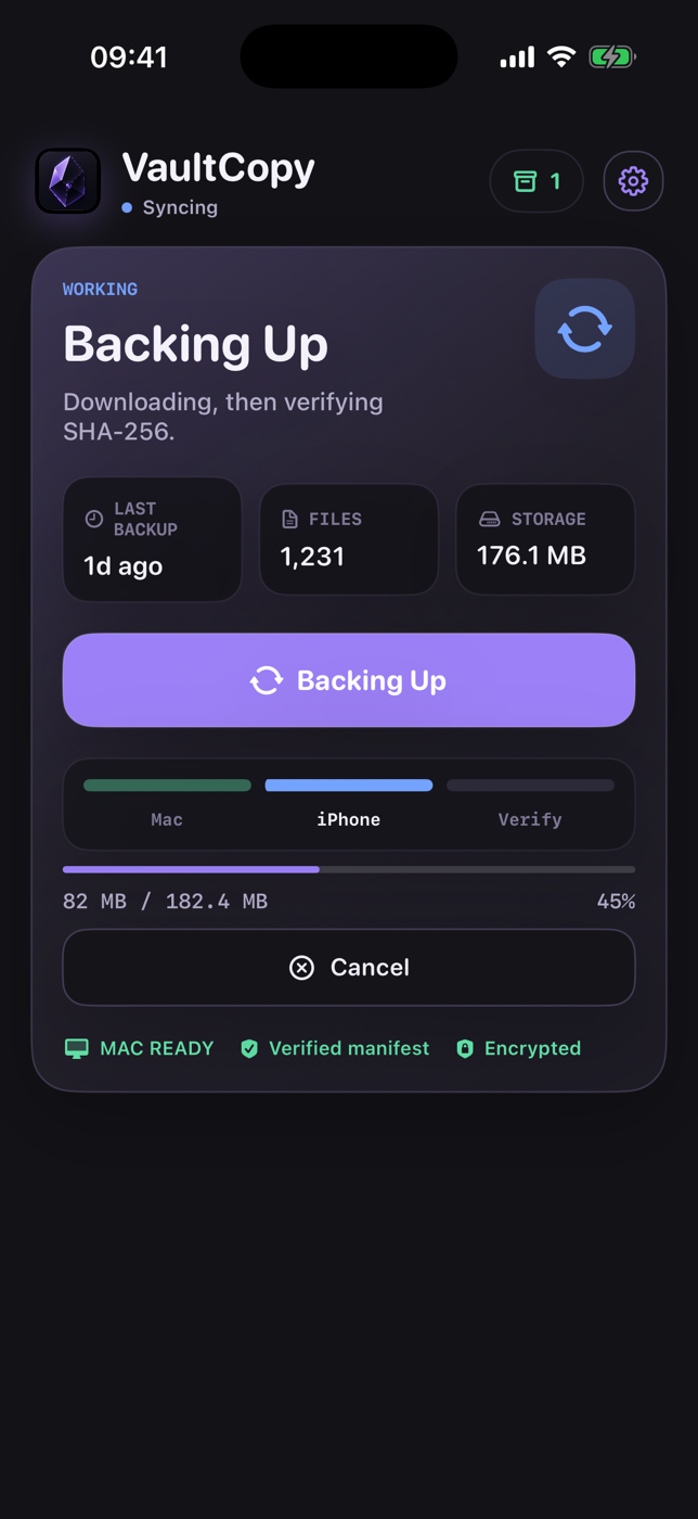 VaultCopy backing up from Mac to iPhone with transfer and verification progress