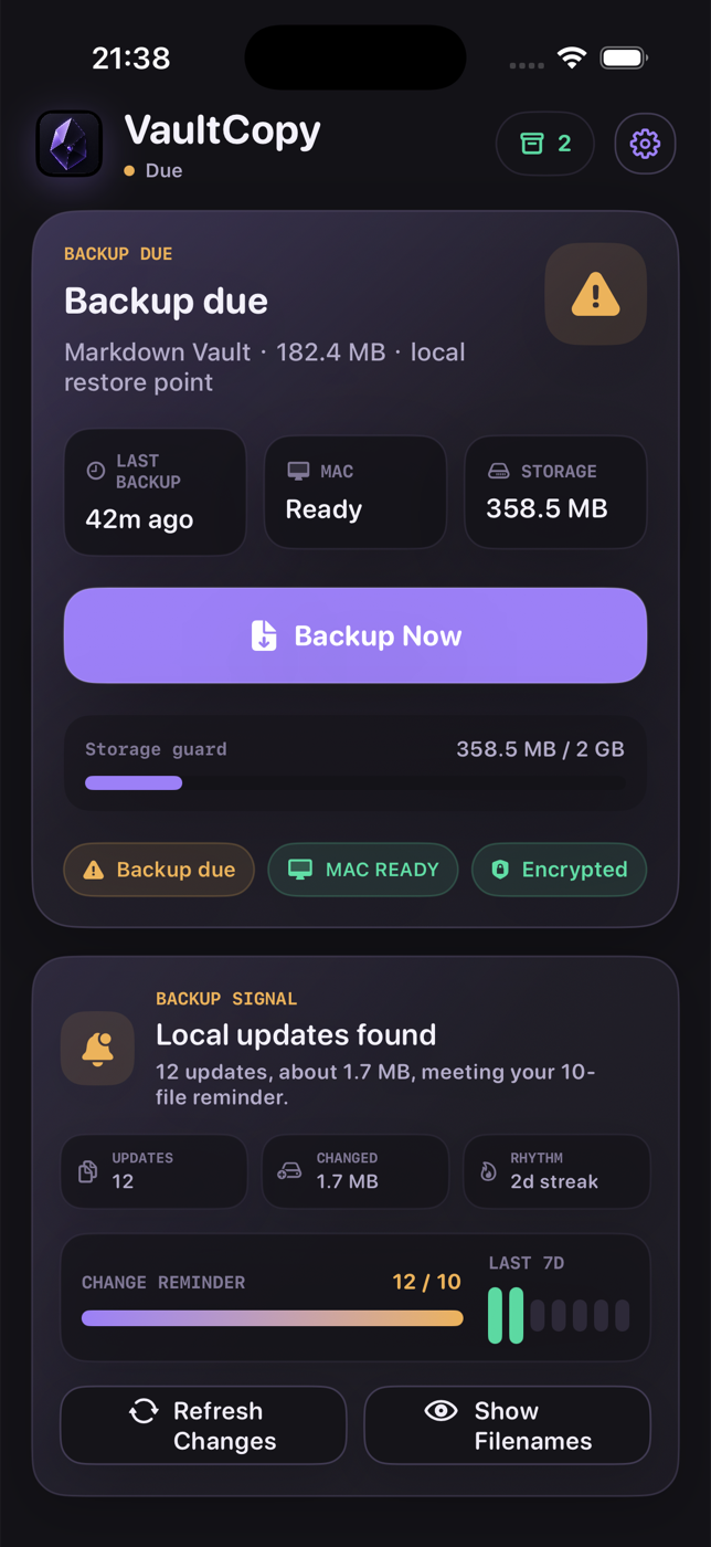 VaultCopy iPhone app showing a verified local backup dashboard