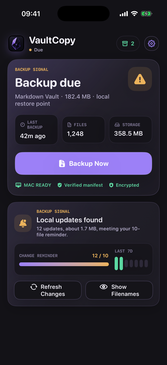 VaultCopy iPhone app showing a backup due, twelve local changes, encrypted protection, and a ready Mac