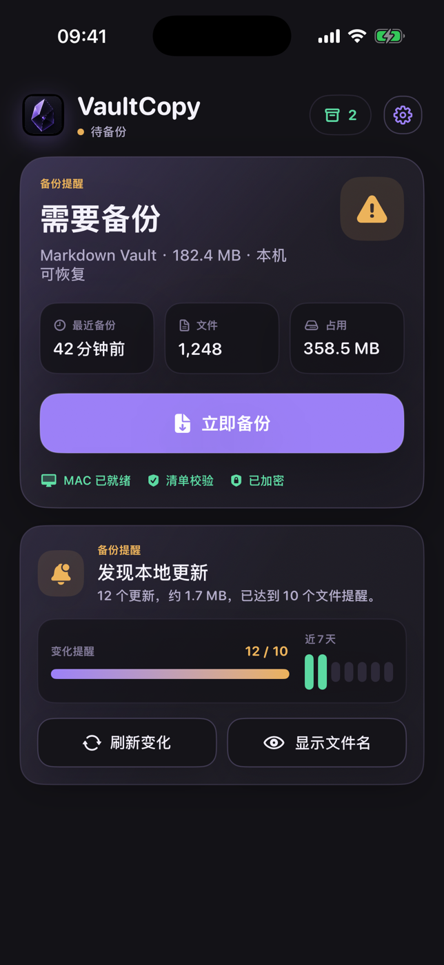 VaultCopy iPhone App 显示需要备份、12 个本地变化、Mac 已就绪和加密保护