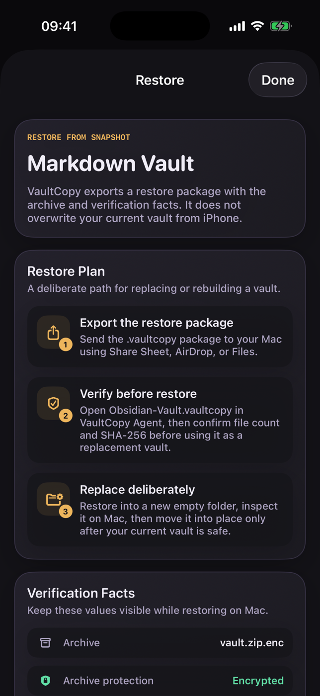 VaultCopy restore plan and verification facts screen